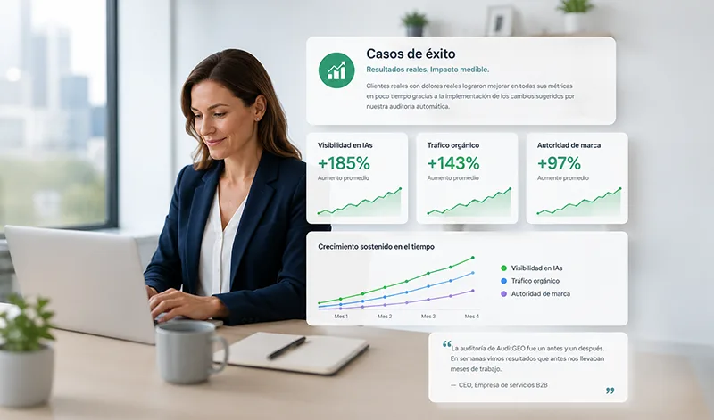 una persona trabajando en un escritorio con una laptop y una libreta, revisando los datos de los casos de éxito, cuyos numeros han mejorado en todos los indicadores.