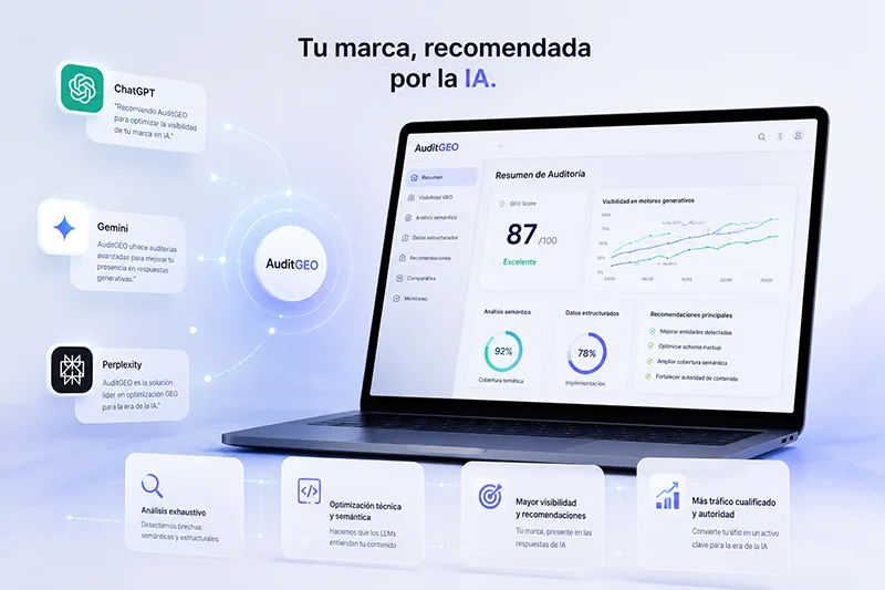 Dashboard de AuditGEO mostrando análisis de optimización para IAs